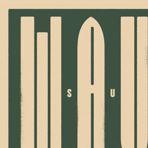 May include: A dark green graphic design with the letters "S" and "U" in white. The design is made up of vertical lines and a central shape that resembles a surfboard.