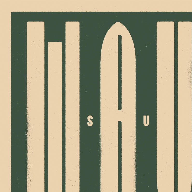 May include: A dark green graphic design with the letters "S" and "U" in white. The design is made up of vertical lines and a central shape that resembles a surfboard.