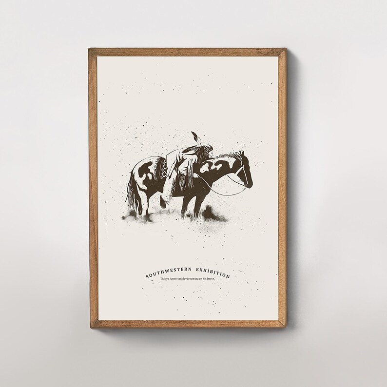 May include: Black and white illustration of a Native American riding a horse. The image is framed in a wooden frame and has the text "SOUTHWESTERN EXHIBITION" and "Native American horseback riding on his horse" below the illustration.
