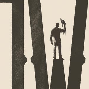 K&ouml;nnte beinhalten: Eine Silhouette einer Person mit Hut, die zwischen zwei hohen, dunklen, strukturierten S&auml;ulen steht.