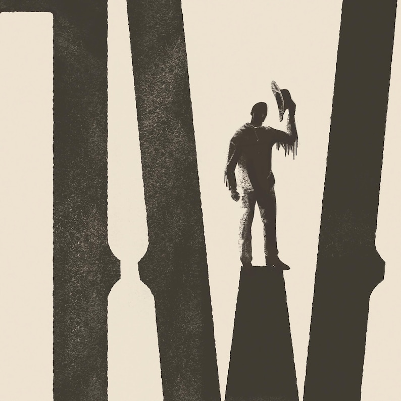 K&ouml;nnte beinhalten: Eine Silhouette einer Person mit Hut, die zwischen zwei hohen, dunklen, strukturierten S&auml;ulen steht.