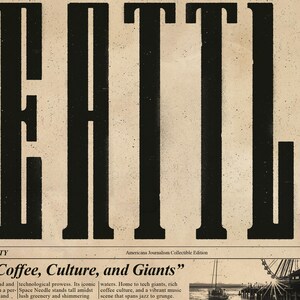 May include: A vintage newspaper clipping with the headline "Coffee, Culture, and Giants" in black text on a tan background. The image features a black and white photo of a Ferris wheel and a pier.