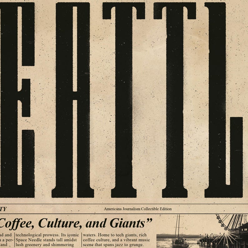 May include: A vintage newspaper clipping with the headline "Coffee, Culture, and Giants" in black text on a tan background. The image features a black and white photo of a Ferris wheel and a pier.