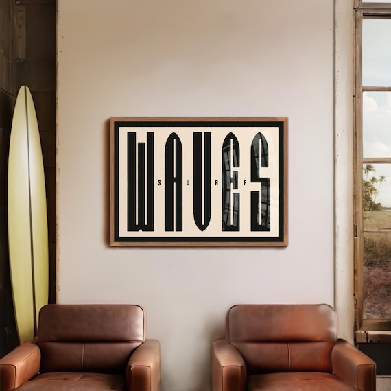 Surf Poster, Waves Retro Typographic Print, Beach House Decor, Eclectic Coastal Wall Art, Surfer Gift, Mancave Vintage Wall Decor