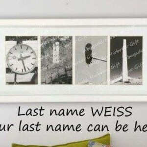 Pu&ograve; includere: Un'opera d'arte in bianco e nero incorniciata con quattro pannelli. Ogni pannello presenta un'immagine diversa, tra cui un orologio, un edificio, un semaforo e una struttura. Il testo "Last name WEISS" e "Your last name can be here!" &egrave; sotto.