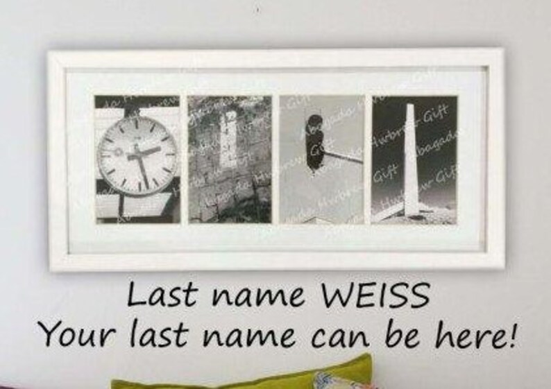 Pu&ograve; includere: Un'opera d'arte in bianco e nero incorniciata con quattro pannelli. Ogni pannello presenta un'immagine diversa, tra cui un orologio, un edificio, un semaforo e una struttura. Il testo "Last name WEISS" e "Your last name can be here!" &egrave; sotto.