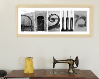 Arte murale personalizzata con fotografia dell'alfabeto ebraico, decorazione domestica ebraica, arte ebraica familiare, decorazione murale ebraica MISHPACHA