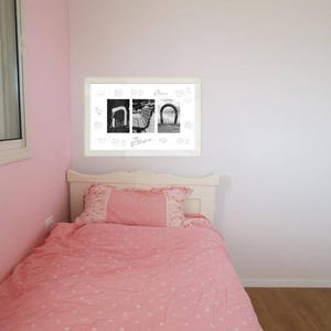 Pu&ograve; includere: Una camera da letto con pareti rosa e pavimento in legno. Un'opera d'arte con cornice bianca con immagini in bianco e nero &egrave; appesa sopra un letto con biancheria da letto rosa. Il letto ha una testiera bianca e un piumino rosa a pois bianchi.