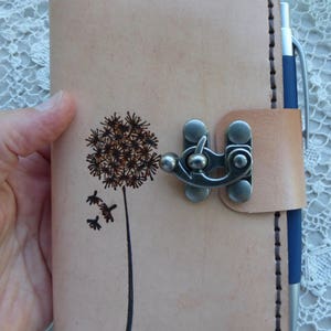 flower journal, dandelion journal, leather journal, leather notebook, stitched journal, custom journal, hand stitched leather journal,flower