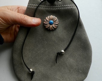 flower, sunflower pouch, leather medicine bag, amulet bag,leather crystal pouch,medicine pouch, medicine bag, grey leather medicine bag