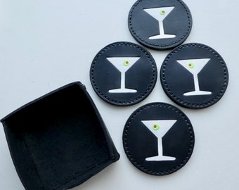 Martini Coaster Set,Leather Round Coaster Set of 4, Man Cave Bar Decor, Wedding Gift, Housewarming Gift, Hostess Gift, Drink coasters