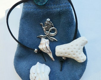 Mermaid charm medicine bag,blue leather bag,mermaid,leather,medicine pouch,medicine bags,organizer pouch,amulet pouch, wolf totem animal bag