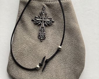 Cross, religious pouch, leather medicine bag, amulet bag,leather crystal pouch,medicine pouch, medicine bag, grey leather medicine bag