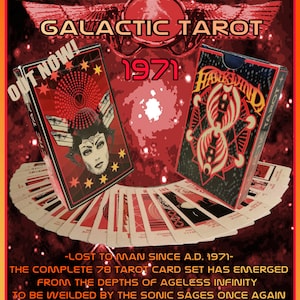 May include: A vintage tarot card deck with a red, black, and white design. The box features the text "Hawkwind Galactic Tarot 1971". The cards are spread out in a fan shape, revealing a red and white design with a woman's face in the center.