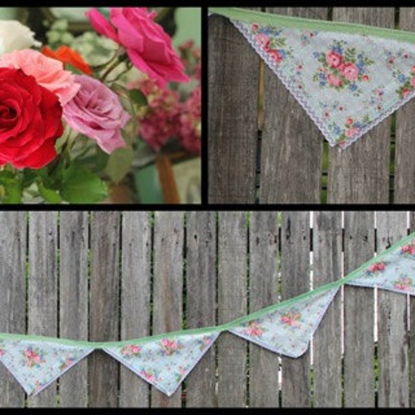 Vintage BUNTING - baby blue & red floral fabric sourced from vintage eiderdown quilt
