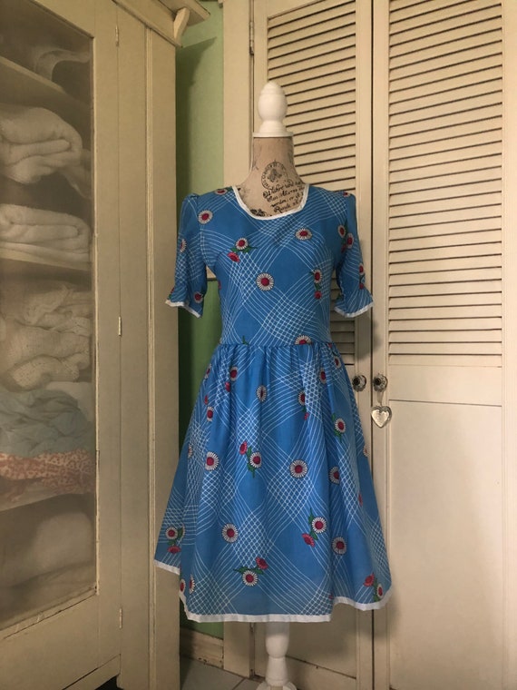70s aqua blue floral dress