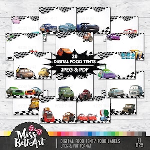 Directe download: voedseletiketten digitale raceauto's, voedseltent, verjaardagsfeestje, feestdecoraties, feestbord, naamplaatjes auto's