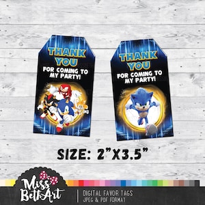 Téléchargement immédiat - Tags numériques de faveur sonic, carte de remerciement sonic hérisson, signe de remerciement