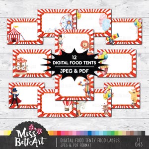 Descarga instantánea: etiquetas de comida de circo digital, carpa de comida de carnaval, decoraciones para fiestas de tarjetas de feria, etiquetas de festivales, etiquetas de nombre, etiquetas de obsequios
