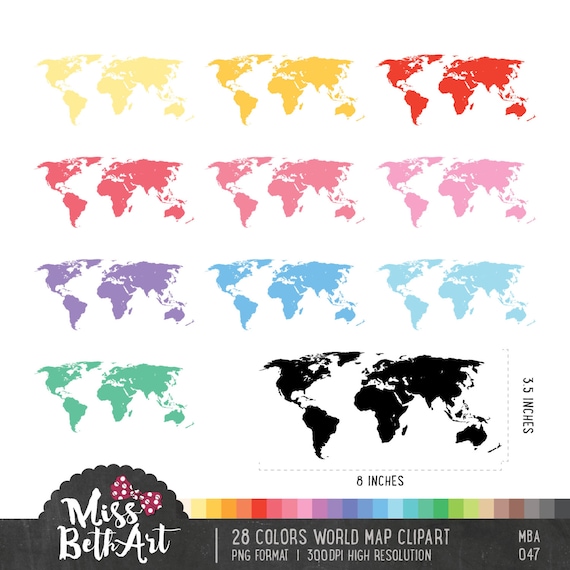 28 Colors World Map Clipart Instant Download Etsy