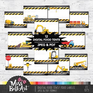 Directe download: digitale constructie Voedseletiketten, voedseltent, decoraties voor verjaardagsfeestjes, bouwetiketten, voedselbord, naametiket