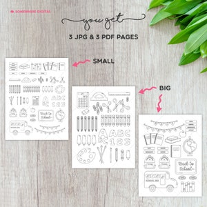 Schoolbenodigdheden Kleurplaten voor kinderen zwart-wit clipart stempels school clipart tekenleraar leraar clipart PNG Instant download