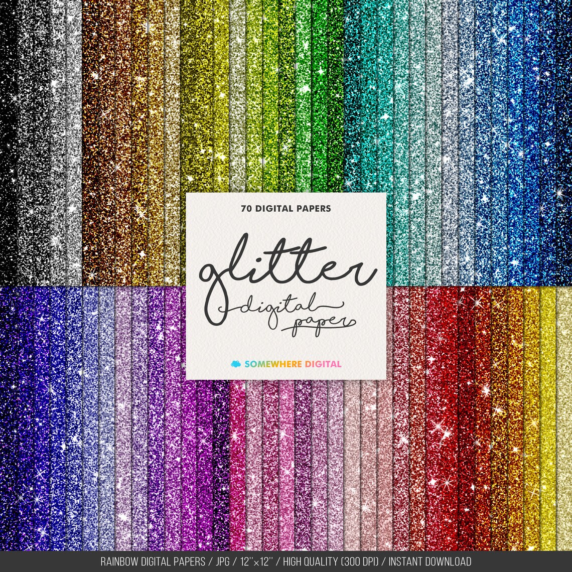 Glitter Digital Paper Glitter Papers Pack Rainbow Printable Digital