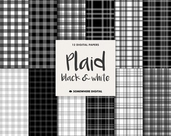 Black and White Plaid Digital Paper: Gingham & Tartan (Digital Download)