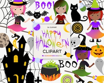 Clipart di Halloween SVG Halloween PNG digitale Clipart di strega Illustrazione di zucca di Halloween Download immediato Uso personale e commerciale
