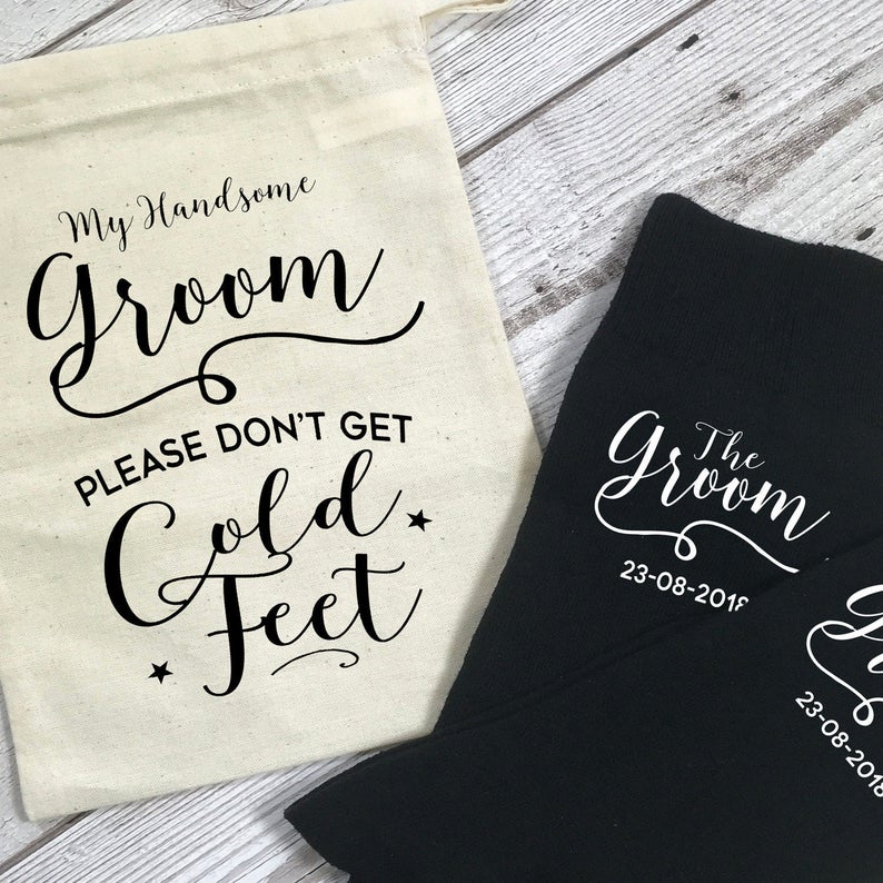 Please Don't Get Cold Feet Wedding Morning Personalised Groom Socks with Gift Bag