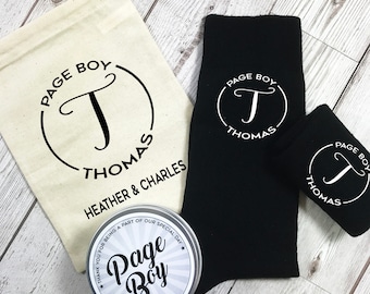 Monogram Page Boy Personalised Socks with tin and Personalised Gift Bag Wedding Morning gift