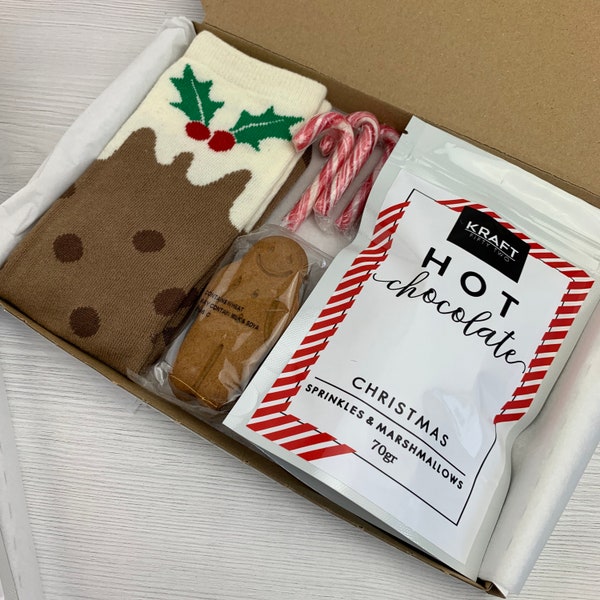 Christmas Treat Box | Mum, Nan | Socks, Hot Chocolate, Gingerbread Men and Candy Canes | Personalised Box