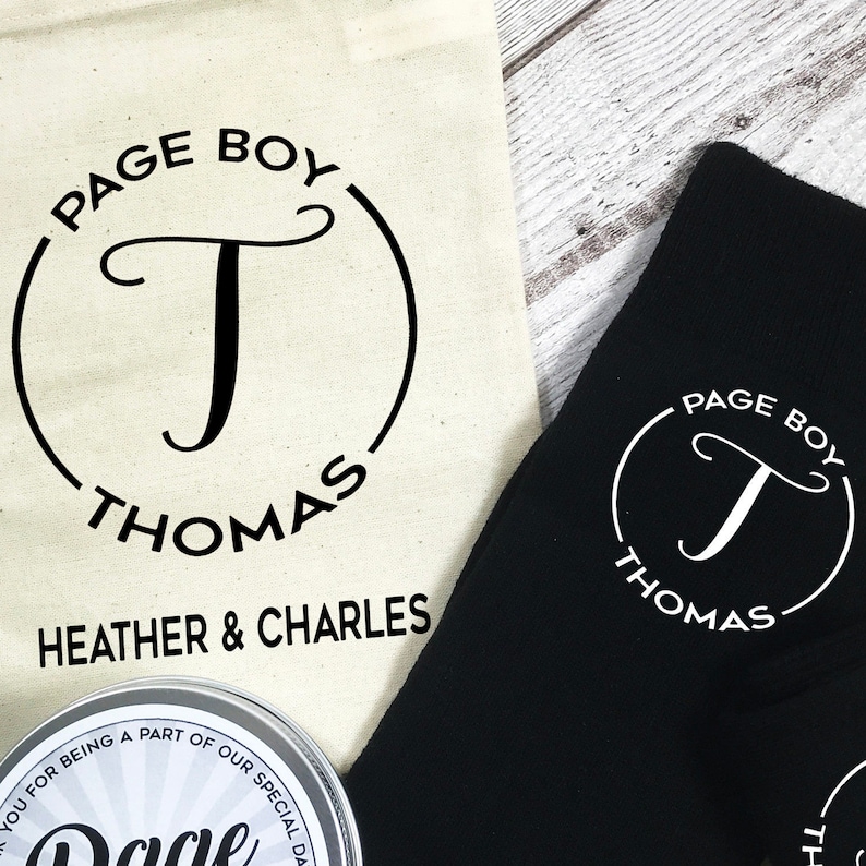 Monogram Page Boy Personalised Socks with tin and Personalised Gift Bag Wedding Morning gift