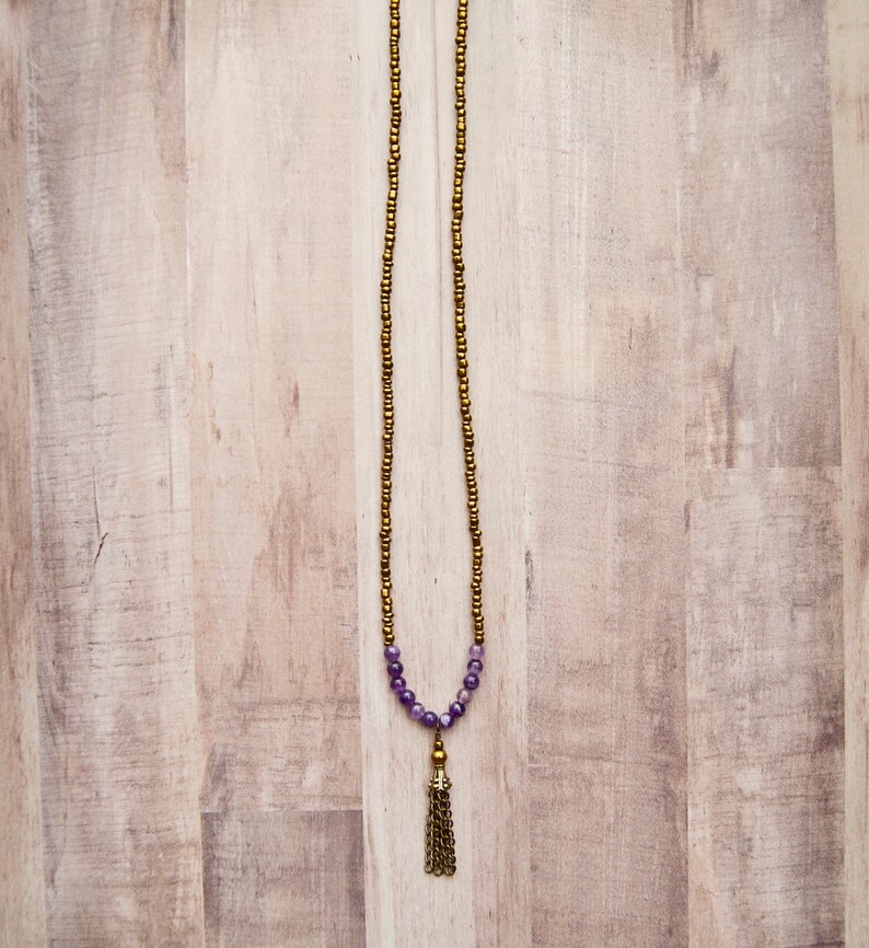 amethyst tassel healing beaded Viking necklace Long rustic boho layering necklace vintage gemstone gypsy jewelry unique yoga gift for her