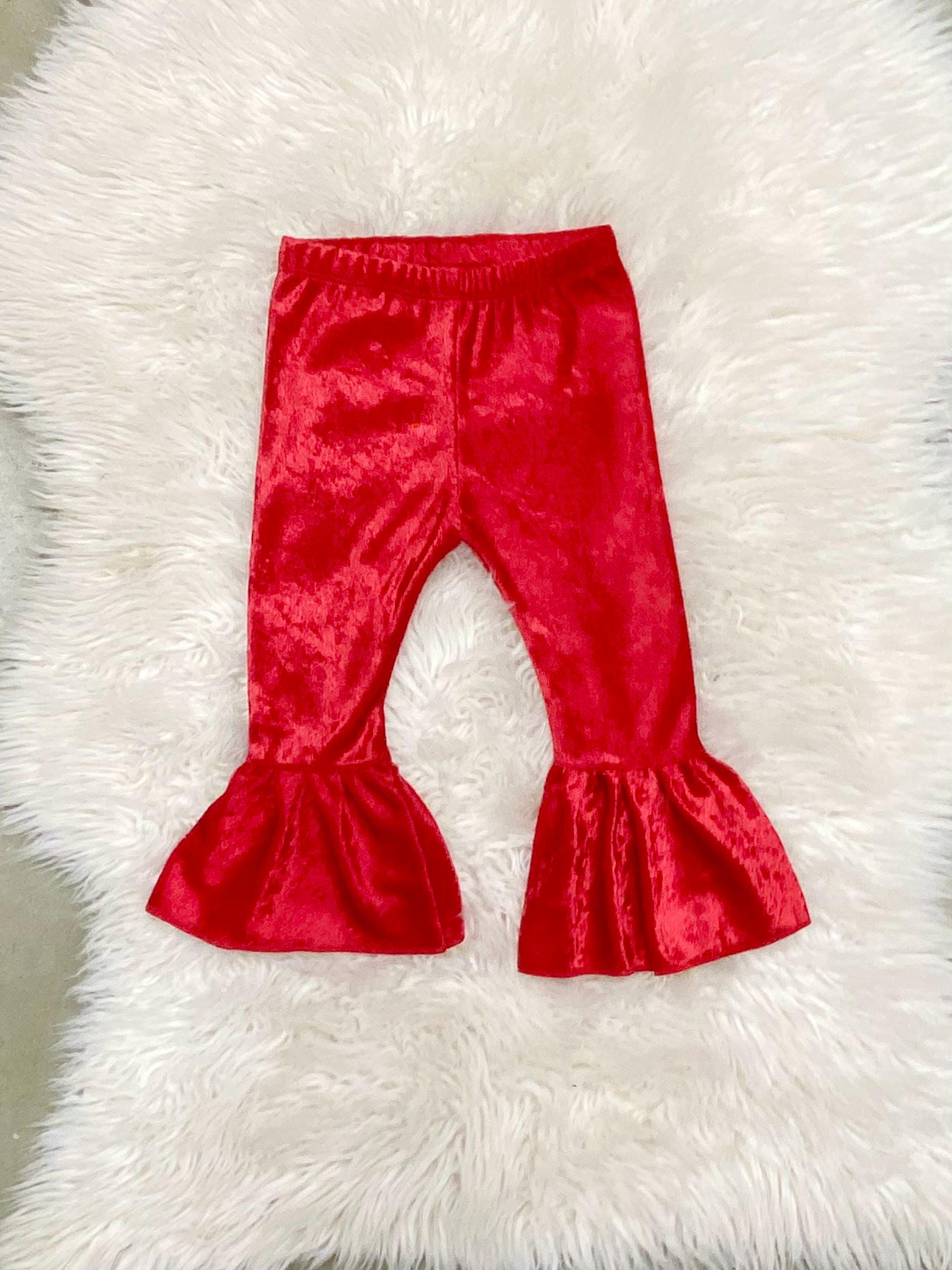 Red velvet red bell pants, red Bells girls leggings, newborn ruffle leggings, stretchy velvet ruffle icings, first Christmas outfit,