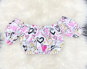 Valentines day hearts off shoulder top, girls pink hearts crop top, baby girls crop top, newborn outfits , coming home outfits, gifts