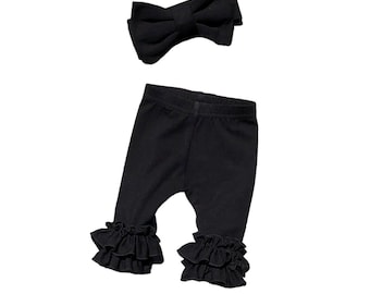 Black FLARE newborn leggings and bow headband set, Double ruffle newborn leggings, newborn ruffle leggings, stretchy knit ruffle icings