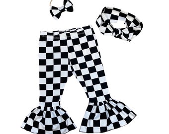 Racing cars bell girls leggings, two fast birthday, checkered racing flag bell pants, preemie pant