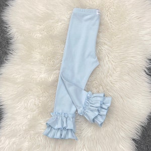 Double FLARE light blue girls leggings, newborn ruffle leggings, stretchy knit  icings, baby ruffle leggings, spring layering pant