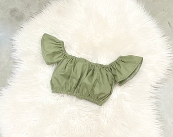 Sage  off shoulder tops, girls summer crop top, toddler summer crop top, girls birthday outfits, solid colors baby girls boho crop tops