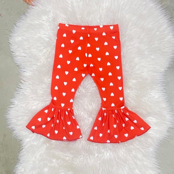 sweet hearts valentines day  bell girls leggings, flare ruffle belle pants, red valentine hearts bell pants, preemie pant, newborn red heart