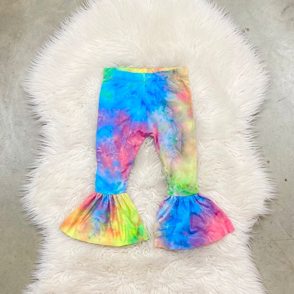 Neon tie dye Bell pants, tie dye bell bottoms, birthday rainbow tie dye leggings, preemie bottoms, newborn coming home outfits,