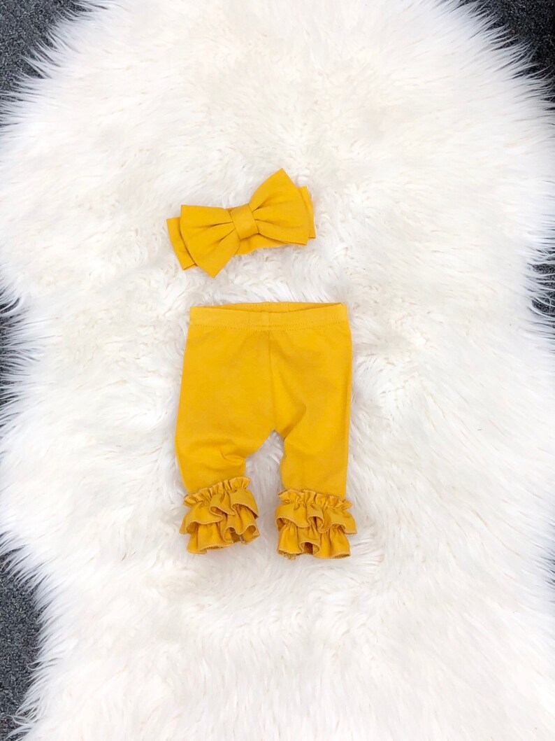 stretchy knit ruffle icings Purple FLARE newborn leggings and bow headband set newborn ruffle leggings Double ruffle newborn leggings