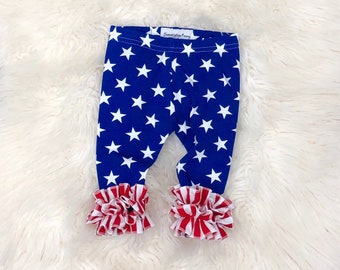 Patriotic stars double ruffle leggings, american flag girls ruffle leggings, toddler Memorial Day outfit, newborn red blue white outfit,