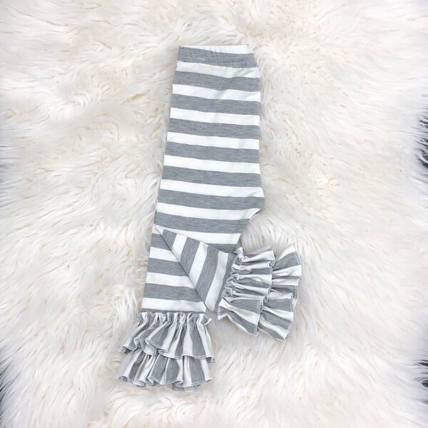Gray stripes Double FLARE ruffle leggings, gray stripes newborn ruffle leggings, stretchy knit ruffle icings, baby ruffle leggings,