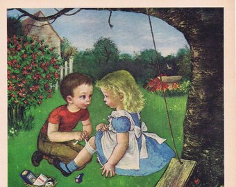 1949 Little Boy Helping Little Girl Johnson & Johnson Band-Aids Original Vintage Advertisement with GRD Unique and Adorable Art
