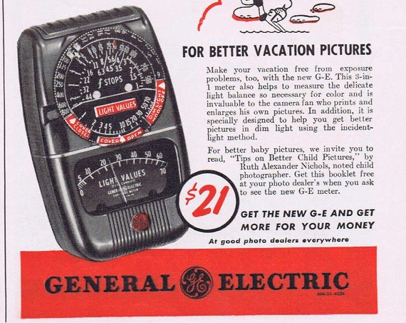 1941 General Electric Camera Exposure Meter or Mennen Brushless Shaving Cream Original Vintage Advertisement