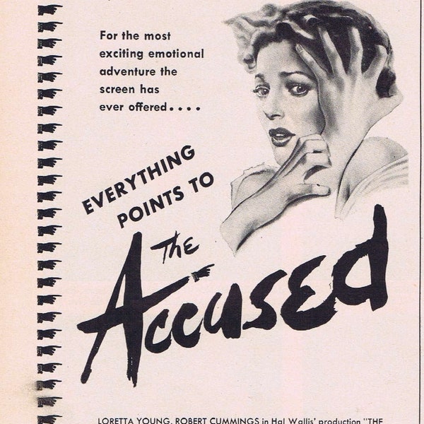 Loretta Young in The Accused 1949 Original Small Movie Ad with Robert Cummings or Swanson Chicken Fricassee Short Cake Recipe Vintage Ad