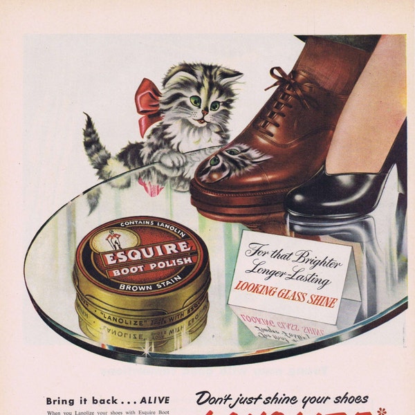 1949 Esquire Shoe and Boot Polish Original Vintage Advertisement with Cute Kitten