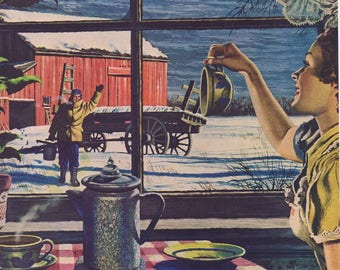 1949 Maxwell House Coffee Original Vintage Ad in Beautiful Winter Country Scene Drawing